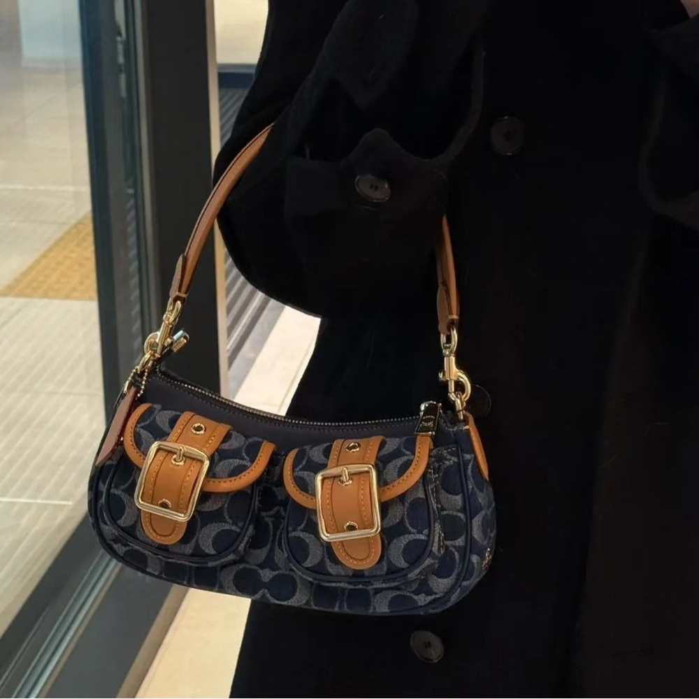 COACH Ashton Baguette Bag In Signature Canvas Denim/Brown CY700 - Picture 7 of 13